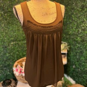 “New York & Company” brown sleeveless blouse with sheer front, size Small